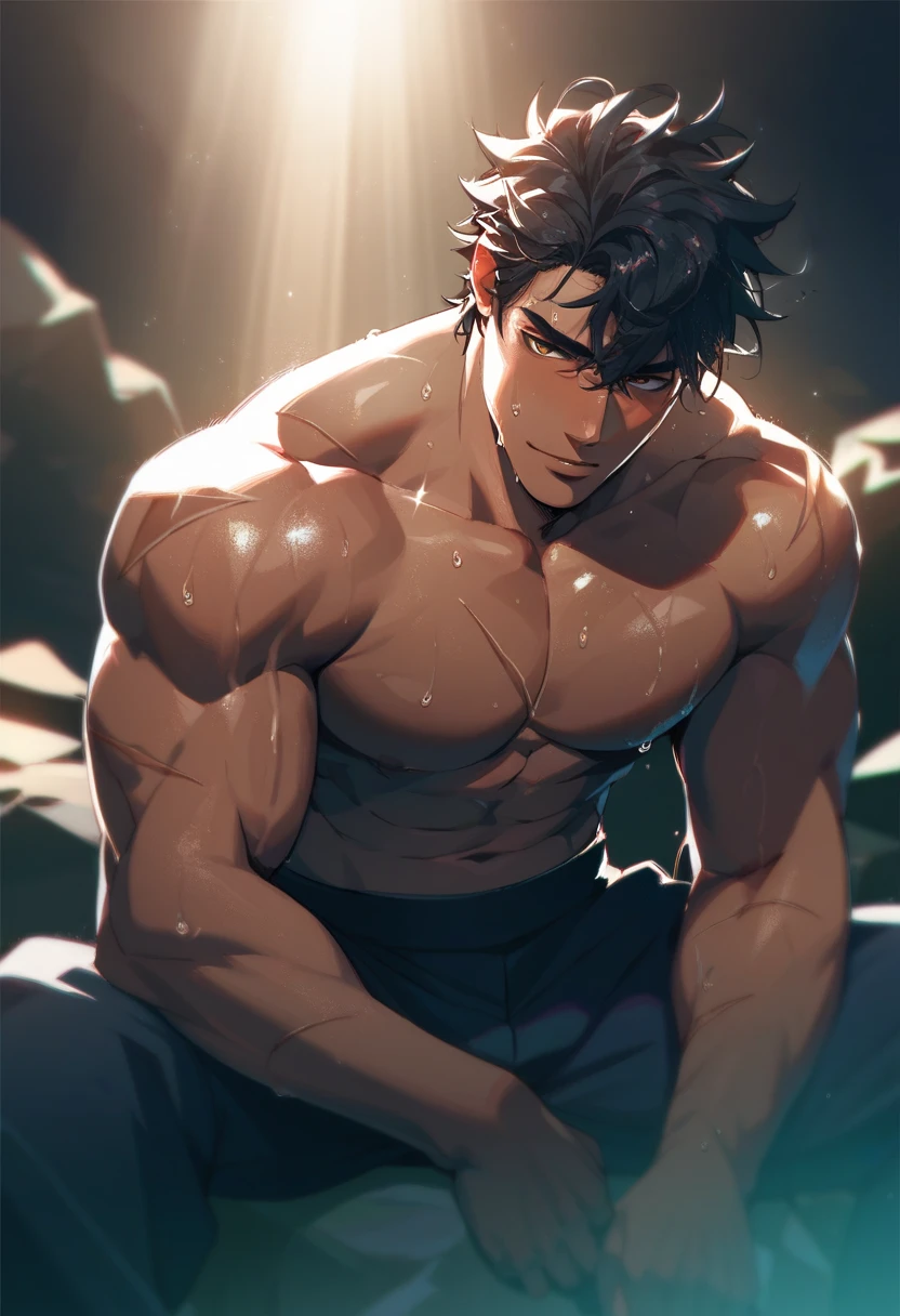 Kiritsugu is sitting and flexing his arms. He is shirtless. He wears black short boxershorts. You can see his thighs completely. He has a huge bulge. You can see his abs too. He is admiring his arms. he has many big veins on his arms.