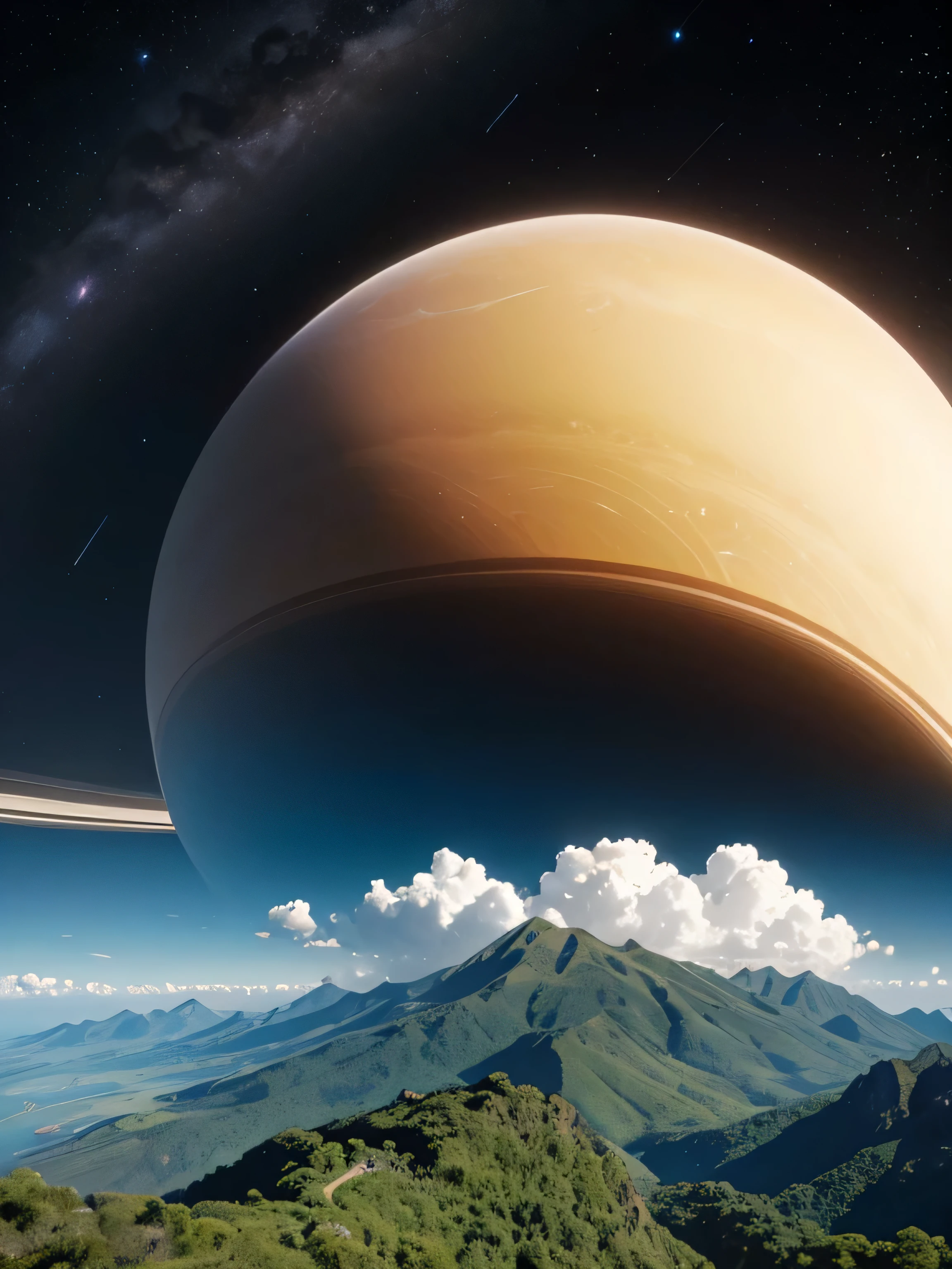 professional photo. a huge view of Saturn in shape. tropical mountain jungle, clear day.