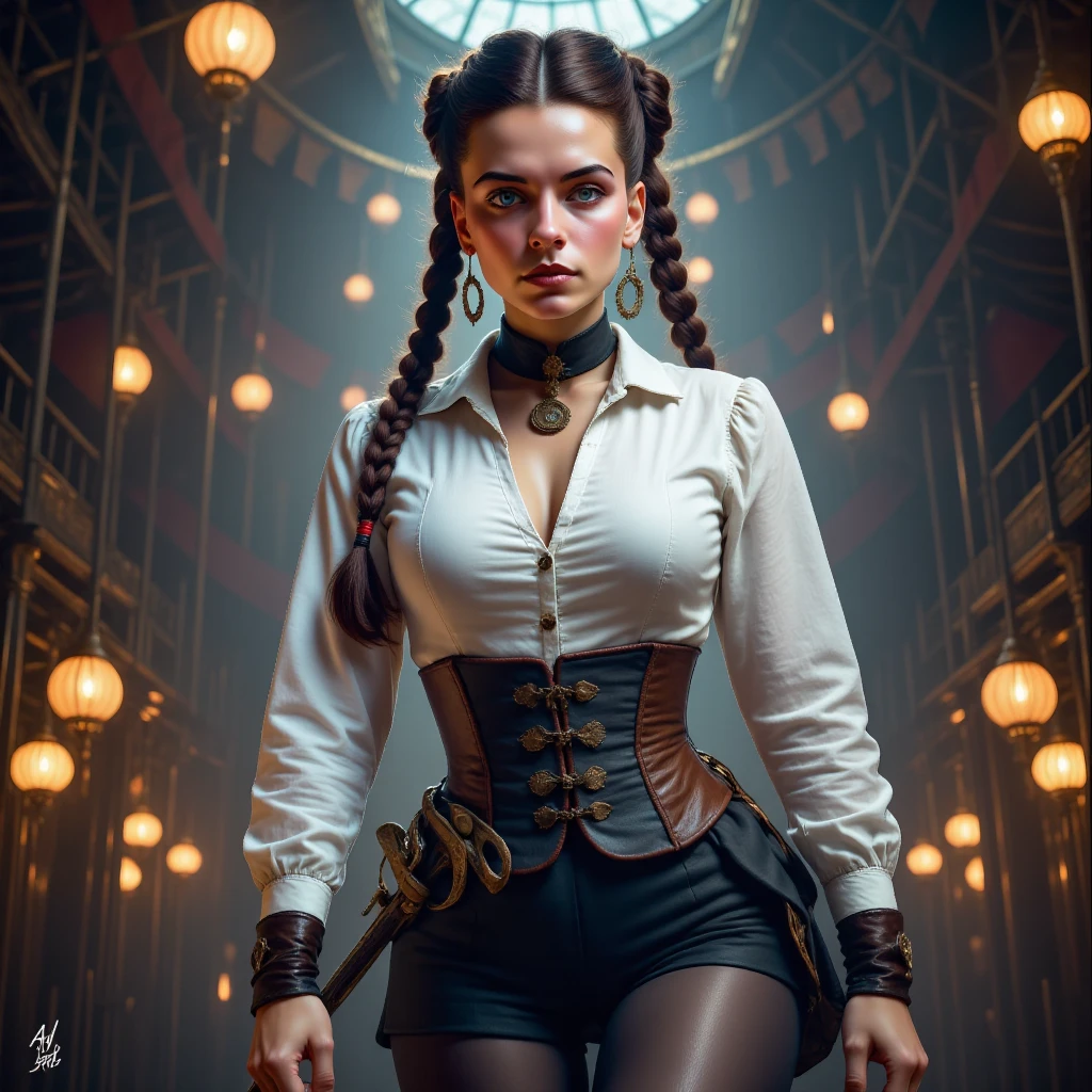 A digital illustration of, in the style of cksc, 
Wednesday Addams in traditional double black braided hair. Dressed as a ronin warrior in white blouse and black mini skirt. Long legs. Black stockings.  Long samurai sword. Semi realistic image. Dark gritty image. Shot from bottom up. (Depth of field), low saturation,detail. mythp0rt Stylish, charismatic. (depth of field) mythp0rt, nigiex..,..
. swfx. 
 (Depth of field), low saturation,detail. mythp0rt, charismatic. CPA. aidmaimageupgrader