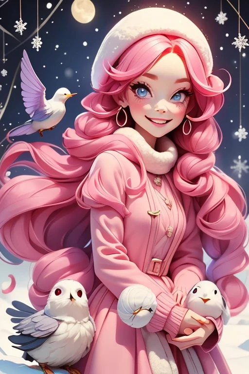 Perfect face. Perfect hands. A petite pink haired woman with violet eyes in a cute winter wonderland dress is smiling while holding a bird in a winter wonderland with a big smile