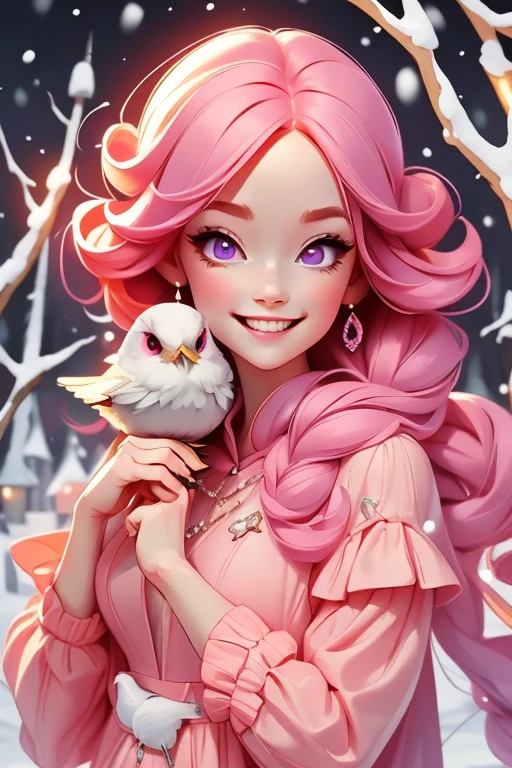 Perfect face. Perfect hands. A ite pink haired woman with violet eyes in a cute winter wonderland dress is smiling while holding a bird in a winter wonderland with a big smile