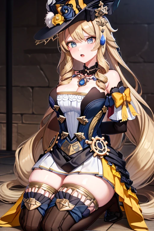 navia_gi, looking at viewer, bad mood, sweat, open mouth, skirt, thighhighs, gloves, hat, dress, holding, bare shoulders, ((hands tied behind)), (arms behind back), sitting on the knees, ((seiza)), indoors, detached sleeves, garter straps, drill hair, brown gloves, brown headwear, basement, ((prison)), wood floor, wood wall, ((underground)), lamp, midnight, shrug, shrugging, shrugged, 