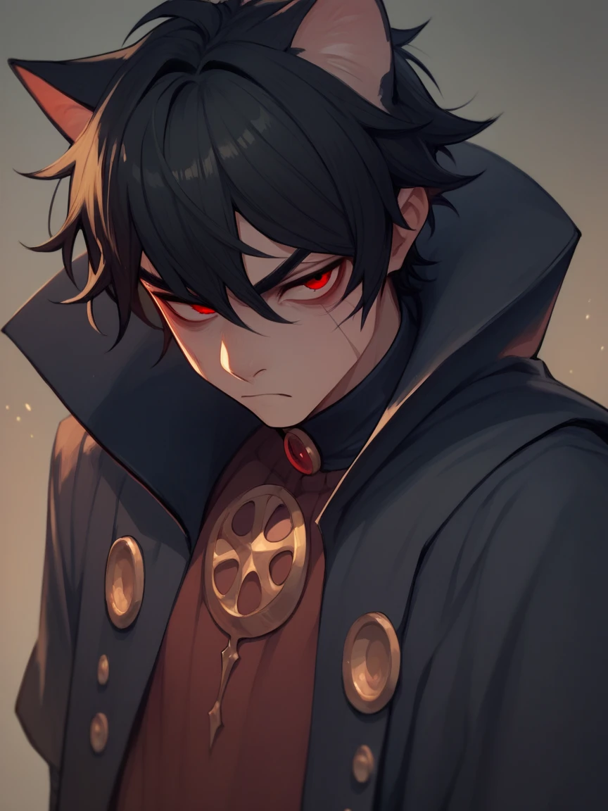 Cat boy with black hair and red eyes and a serious face and wearing a modern witch costume