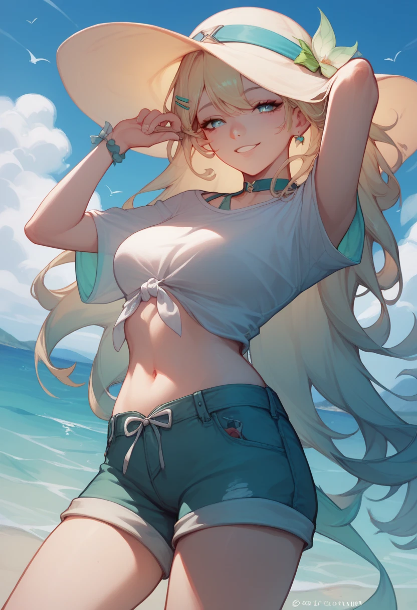 a woman with long whity blonde hair with cyan gradiant locks in down, cyan eyes, and a Green dragonfly hair clip, light smile, wearning a long White shirt and long shorts, is in a Beach at Sun day posing.