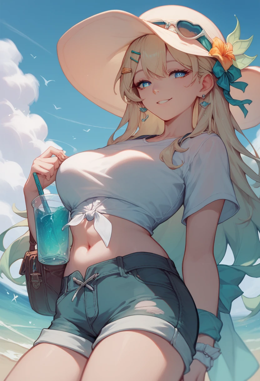 a woman with long whity blonde hair with cyan gradiant locks in down, cyan eyes, and a Green dragonfly hair clip, light smile, wearning a long White shirt and long shorts, is in a Beach at Sun day posing.