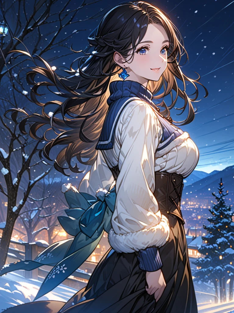 top-quality、anime style, Top image quality、beautiful night background, half bust, close up, 30yo woman, wind, a lot of snow outside, without bangs, no bangs, no bangs, forehead without bangs, woman with((Beautiful blue eyes、 curly hairs, long hair, very long hair, hands behind the back, without bangs, black hair, black pants, blue-white turtleneck sweater,   big breasts, sapphire earring,  beautiful hair,  without bangs, smile, curly black hairs,  aesthetic style, brown corset, beautiful eyes,  black hair, winter, cold, night, )）hiquality、Beautiful Art、Background with((blue-sky、Wagas)), snow, wind,  winter background, masutepiece、The best lighting、highestdetailed、8ｋ

