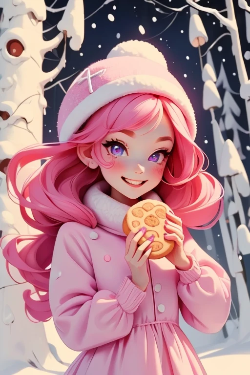 Perfect face. Perfect hands. A petite pink haired woman with violet eyes in a cute winter wonderland dress is smiling while eating a cookie  in a winter wonderland with a big smile