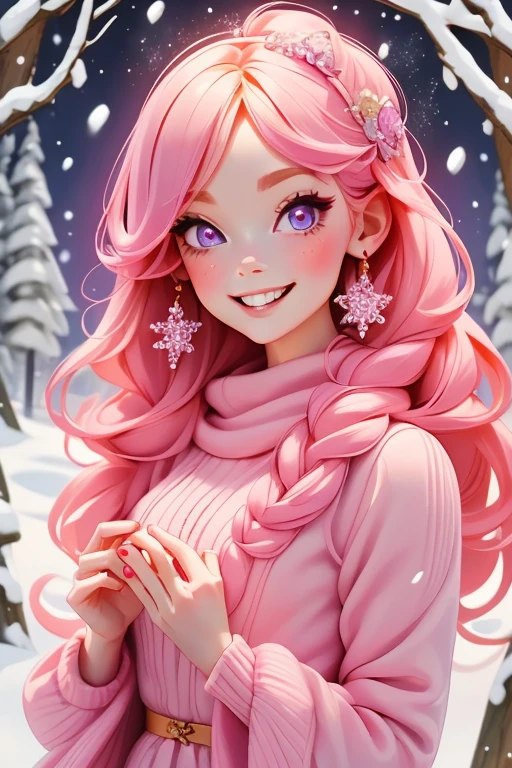 Perfect face. Perfect hands. A petite pink haired woman with violet eyes in a cute winter wonderland dress is smiling while eating a cookie in a winter wonderland with a big smile