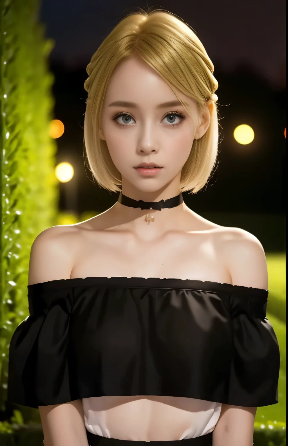  blonde hair、 Very Shorthair、 Light makeup、 ( Black Off-the-Shoulder、  black choker) 、20-year-old woman、 Late Night、Cemetery、 uneasy expression、