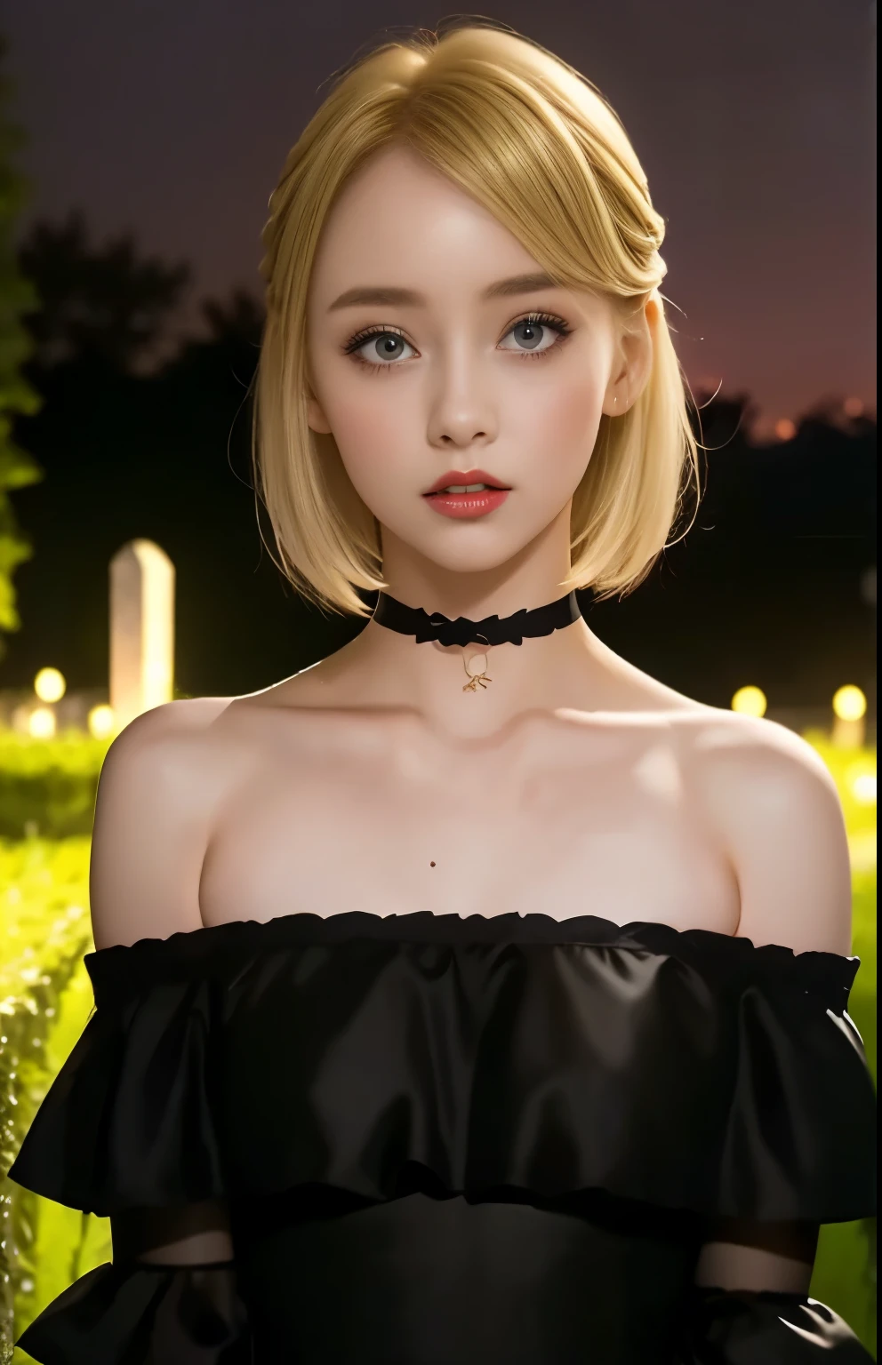  blonde hair、 Very Shorthair、 Light makeup、Red lipstick、 (black off-the-shoulder dress、  black choker) 、15-year-old girl、 Late Night、Cemetery、 uneasy expression、