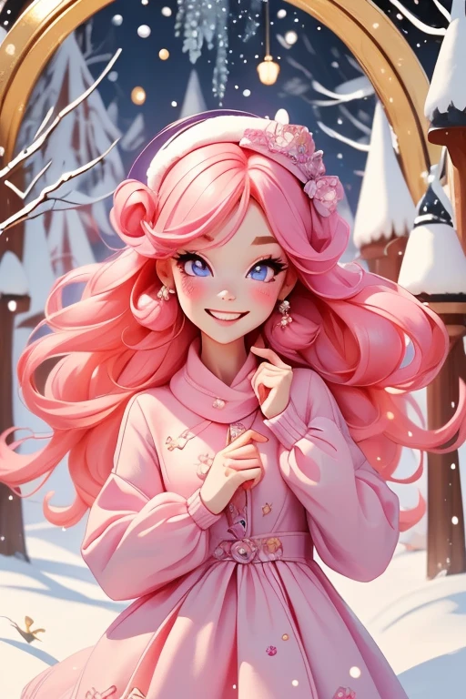 Perfect face. Perfect hands. A petite pink haired woman with violet eyes in a cute winter wonderland dress is smiling while leaning forward in a winter wonderland with a big smile