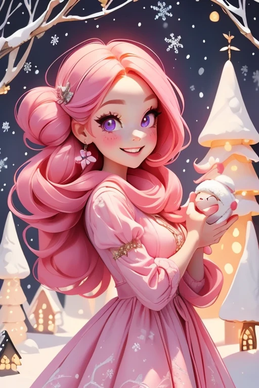 Perfect face. Perfect hands. A petite pink haired woman with violet eyes in a cute winter wonderland dress is smiling while leaning forward in a winter wonderland with a big smile