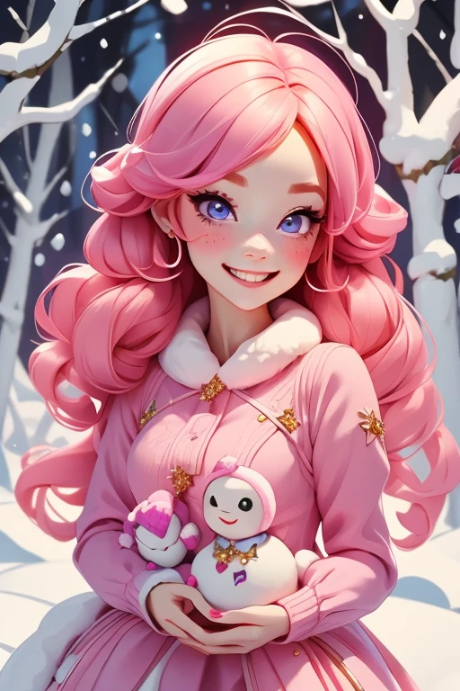 Perfect face. Perfect hands. A ite pink haired woman with violet eyes in a cute winter wonderland dress is smiling while leaning forward in a winter wonderland with a big smile