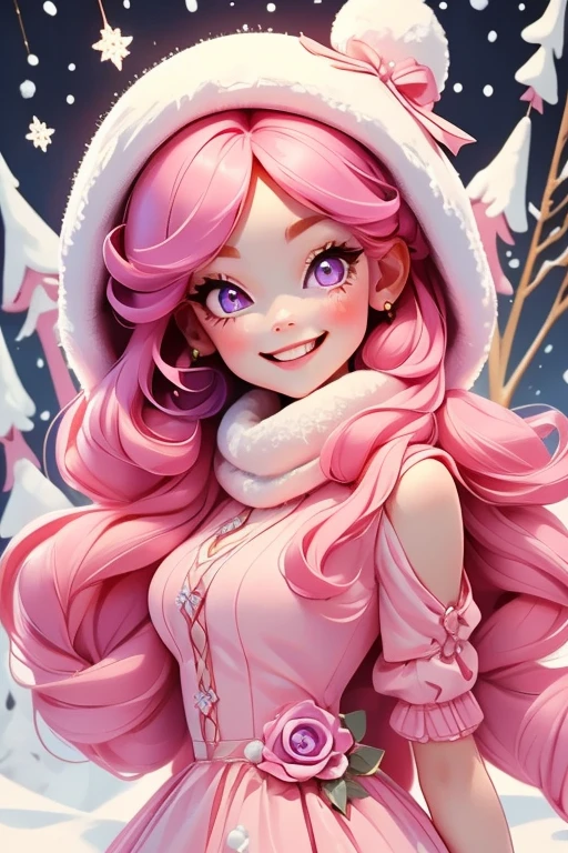 Perfect face. Perfect hands. A petite pink haired woman with violet eyes in a cute winter wonderland dress is smiling while leaning forward in a winter wonderland with a big smile