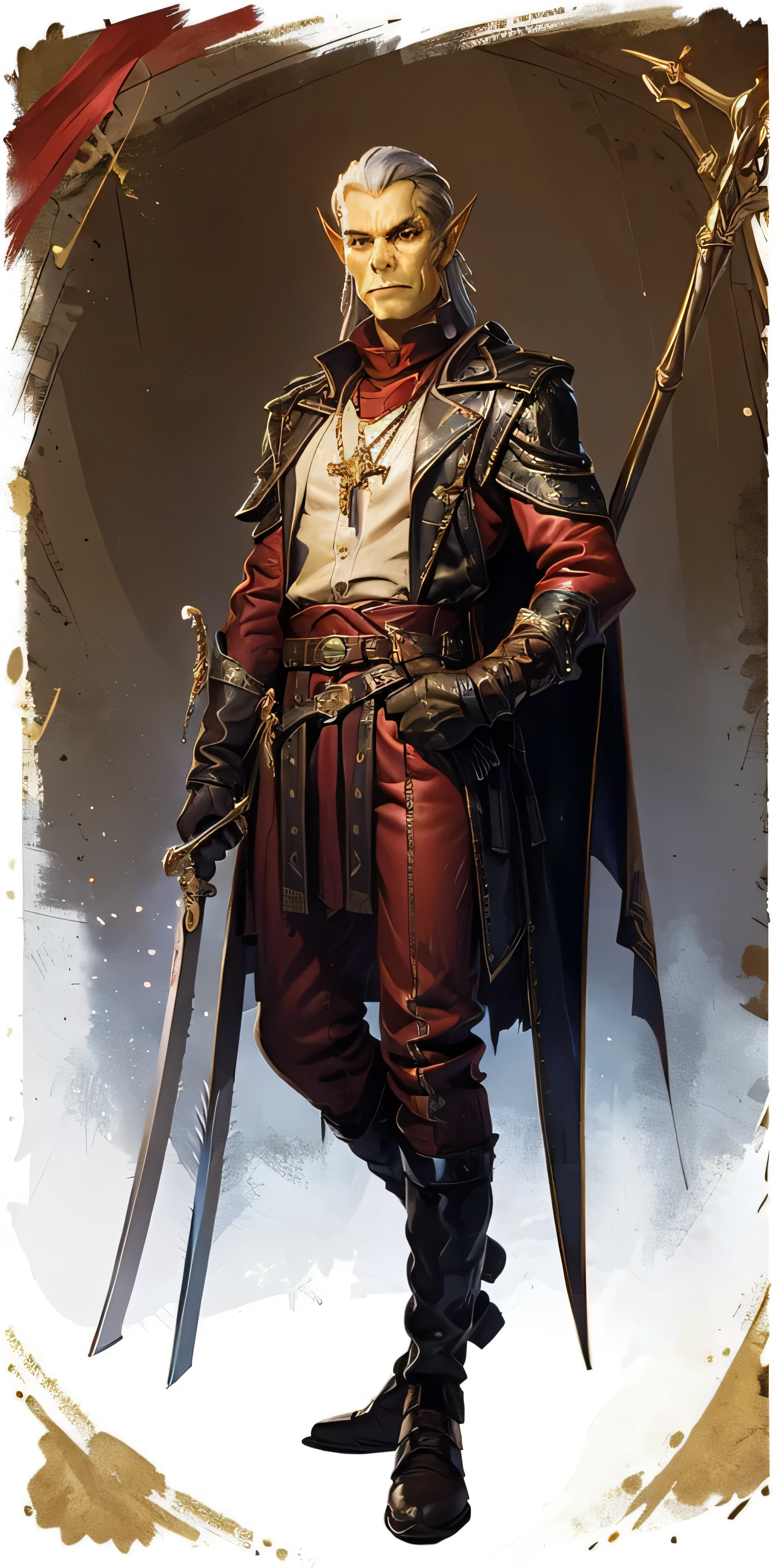 Githyanki, standing in marble catholic inspired temple, alone, male, silver white hair, hair frames face, full body, leathery yellow skin, golden gith eyes, looking at viewer, smirking, small braids, long and angular skull, small and highly placed flat nose, ears pointed and serrated in the back side, red uniform, red long-sleeved tailcoat with white lining, brass buttons on the front and two long tails on the back worn over a white red-sleeved shirt, red cape, red trousers,  red capelet with black lining that reaches down to hips over torso, dark brown shoes covered by white spats with brass buttons on the outsides that reach up and cover knees, dark brown leather gloves, wears a leather sword belt around waist with a green scabbard on left side where he holds his rapier, holds rapier with right hand, holds cards with left hands, pouch of gold around waist, religious catholic inspired symbole necklace around neck,