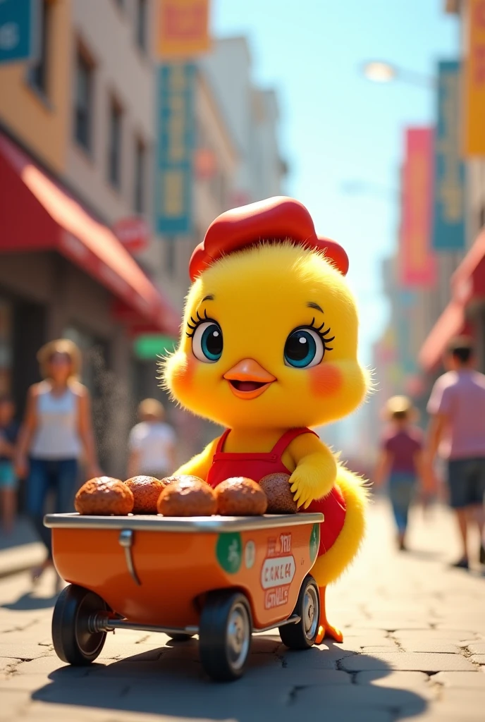 make a picture of a chick selling meatballs