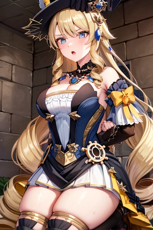 navia_gi, looking at viewer, bad mood, sweat, open mouth, skirt, thighhighs, gloves, hat, dress, holding, bare shoulders, ((hands tied behind)), (arms behind back), sitting on the knees, ((seiza)), indoors, detached sleeves, garter straps, drill hair, brown gloves, brown headwear, basement, ((prison)), wood floor, wood wall, ((underground)), lamp, midnight, shrug, shrugging, shrugged, 