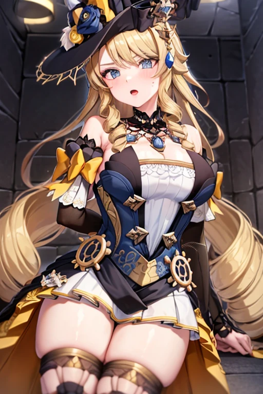 navia_gi, looking at viewer, bad mood, sweat, open mouth, skirt, thighhighs, gloves, hat, dress, holding, bare shoulders, ((hands tied behind)), (arms behind back), sitting on the knees, ((seiza)), indoors, detached sleeves, garter straps, drill hair, brown gloves, brown headwear, basement, ((prison)), wood floor, wood wall, ((underground)), lamp, midnight, shrug, shrugging, shrugged, 