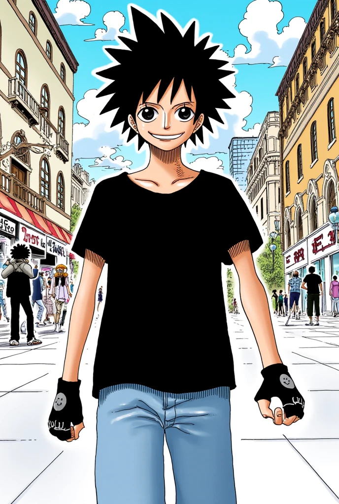  messy short black hair ,  blue eyes,  short sleeve black shirt , Wear blue jeans and black fingerless gloves ,  smile from the corner of the mouth ,  walking in a square in a city. Anime style, 