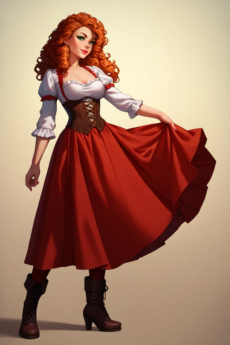 Woman,  red long curly hair, green eyes, wearing a pirate outfit and corset, long red skirt with a split down the side and boots.