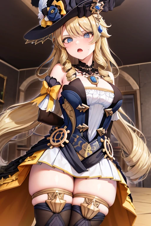 navia_gi, looking at viewer, bad mood, sweat, open mouth, skirt, thighhighs, gloves, hat, dress, holding, bare shoulders, ((hands tied behind)), (arms behind back), sitting on the knees, ((seiza)), indoors, detached sleeves, garter straps, drill hair, brown gloves, brown headwear, basement, ((prison)), wood floor, wood wall, ((underground)), lamp, midnight, shrug, shrugging, shrugged, 