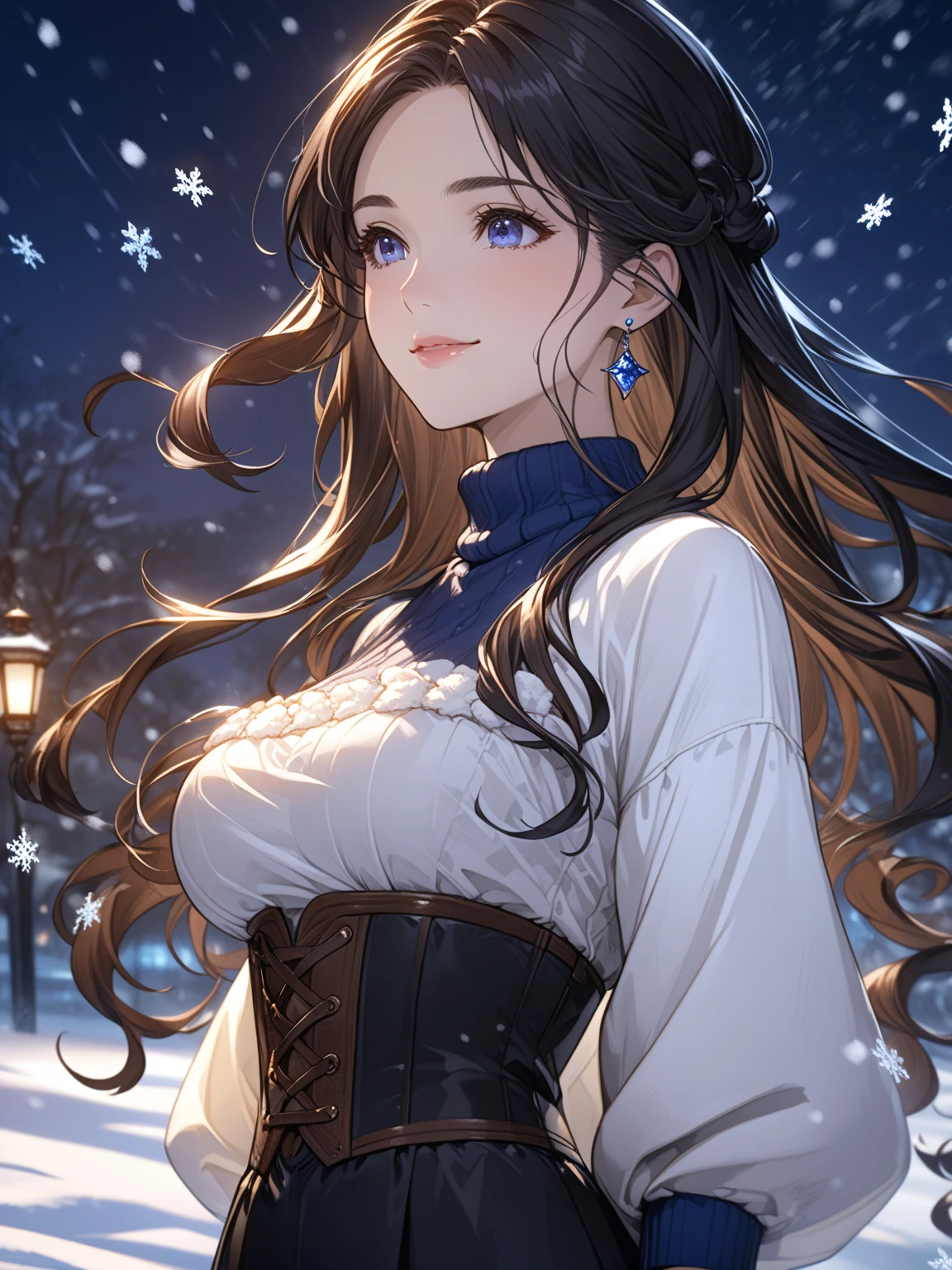 top-quality、anime style, Top image quality、closed mouth, beautiful night background, half bust, close up, 30yo woman, wind, a lot of snow outside, without bangs, no bangs, no bangs, forehead without bangs, woman with((Beautiful blue eyes、 curly hairs, long hair, very long hair, hands behind the back, without bangs, black hair, black pants, blue-white turtleneck sweater,   big breasts, sapphire earring,  beautiful hair,  without bangs, smile, curly black hairs,  aesthetic style, brown corset, beautiful eyes,  black hair, winter, cold, night, )）hiquality、Beautiful Art、Background with((blue-sky、Wagas)), snow, wind,  winter background, masutepiece、The best lighting、highestdetailed、8ｋ

