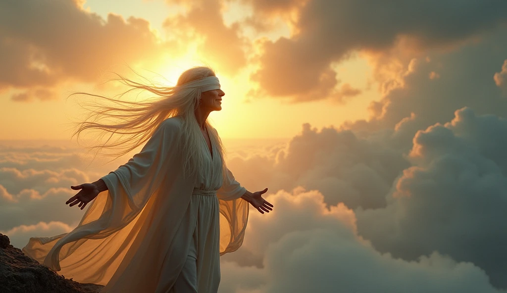 "An elderly woman with long, flowing white hair and a blindfold, standing on a cliff at sunrise, her arms stretched outward as she senses the future. The sky is filled with dramatic clouds, and a glowing aura surrounds her. The wind blows her hair and robes, and her face is calm and wise. The scene conveys a sense of power, mystery, and insight into the future, as if she is connected to the forces of nature and time."
