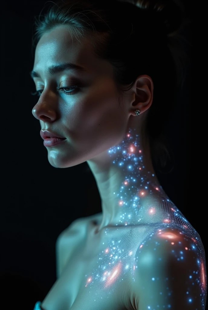 ashion editorial photography, medium shot of an asian model,Blue background,Orange contrast,Tech patterns, Dynamic silhouette, Virtual devices, Light effects and particles, Futuristic typography, Dynamic movement,Abstract geometry