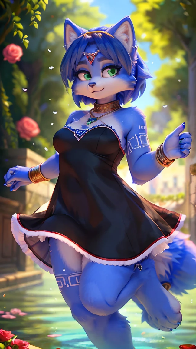 (furry art, uploaded on e621:1.4), (remains, environment, flores:1.2), 1 girl, Alone_focus, (blue:1.3) female (hairy den:1.4), (blue fur:1.4), (High angle shot:1.2), detailed face, detailed eyes, ((hairy blue breasts:1.4)), (detailed skin texture:1.3), (single hair cut:1.5), big fluffy tail, short hair, (seductive pose:1.2), Digital paint, perfect hands, natural lighting, photorealistic (pin up), (dress1:2)