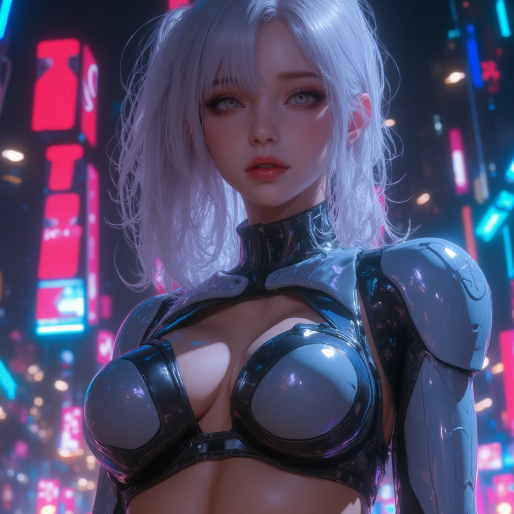 (Praying nude girl with white hair), (the body is thin and slender, High), (standing tall), (The girl has different eyes, One eye is blue, the other is green), (girl against the backdrop of many skyscrapers in cyberpunk style with neons ) (dark purple future theme), (4K HD resolution), (a very good quality), (Best quality), (detailed image), (highest quality depth and sharpness) (bold colors and patterns), (Japanese hairstyle, 2 strands and a braid at the back), (Girl praying), (Skyscrapers in the background) (glowing neon signs), (cyberpunk cityscape), (LED lights), (skin texture, complex parts), (beautiful detailed face), ( ultra detailed), (cinematic lighting), (Enlightenment souls