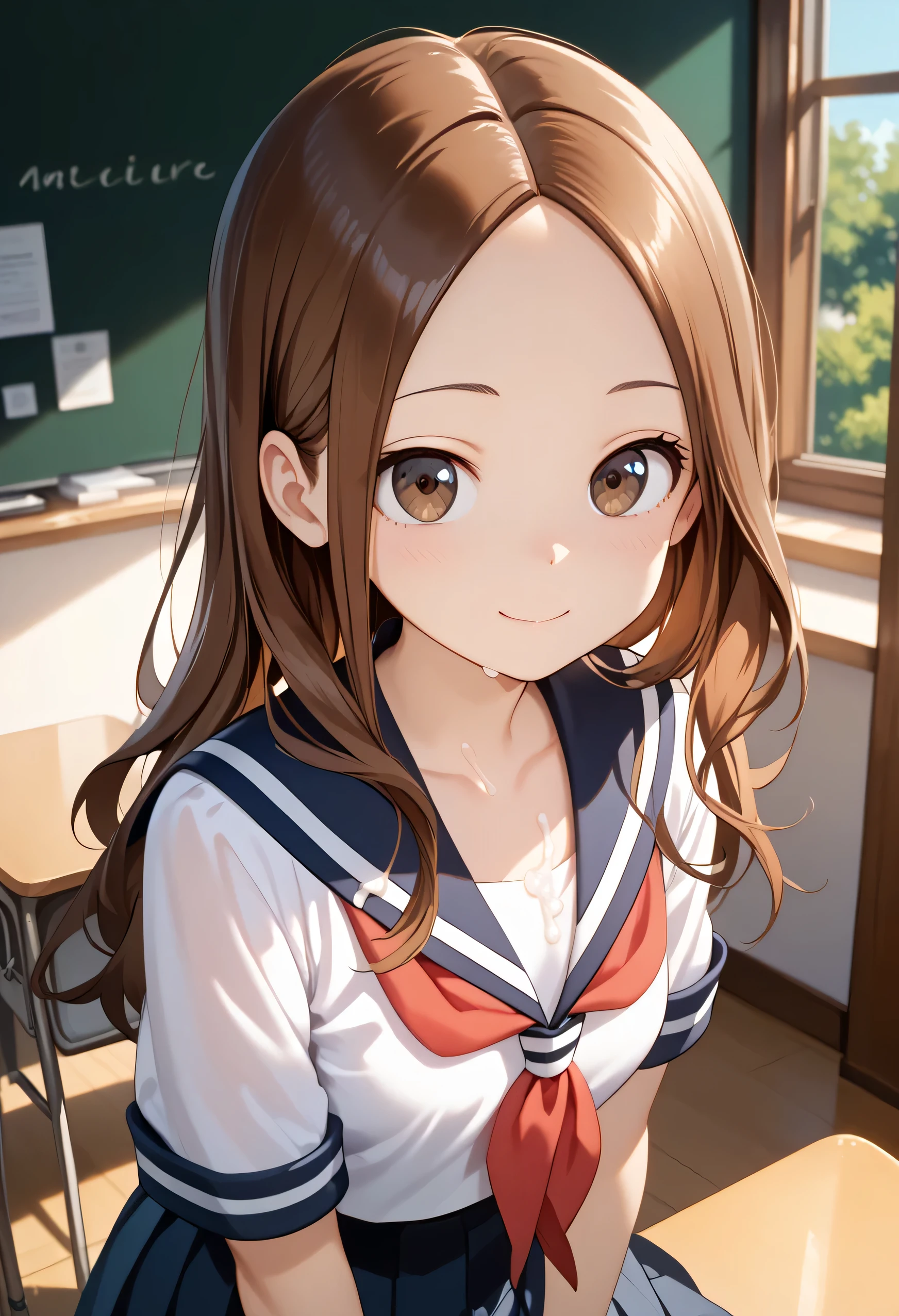 (Top quality masterpiece:1.5), Super detailed, High resolution, 8k, Beautiful details, 超High resolution, 1 cute girl, aatakagi, long hair, brown hair, parted bangs, collarbone, brown hair, White school uniform, Small Breasts, front open, cum on breasts,