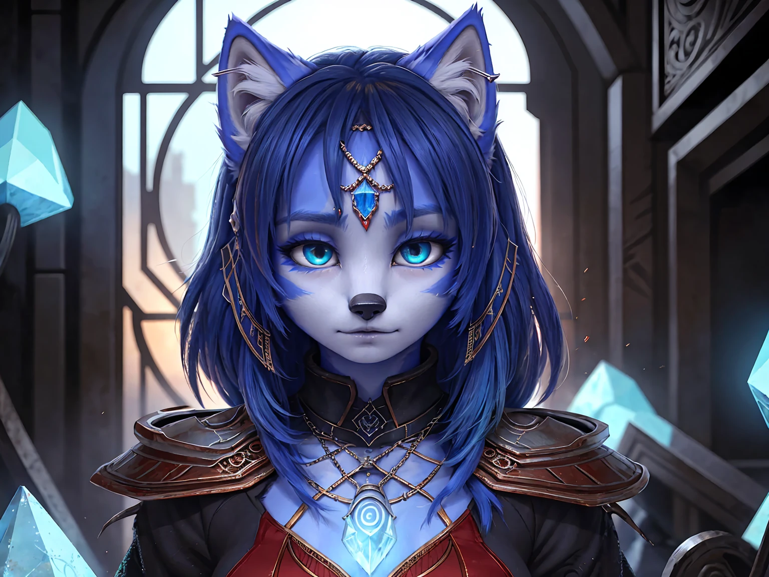 A beautiful and detailed (sweet portrait) wa ((krystal)), Star Fox krystal, sslim, green eyes, medium breasts, (((Long blue hair 1.3))), Decollete, look up, anthro, furry, Uploaded E621, detailed fluffy fur, (wa Fluff-Kevlar, Bayard Wu, personalize me, Pino Daeni), detailed face, (fluffy), 1 girl, alone, Sweet young girl, long blonde hair with black highlights, black eyeliner, black mascara), wear sexy gothic clothes, hochper body shot, winks, Grinning