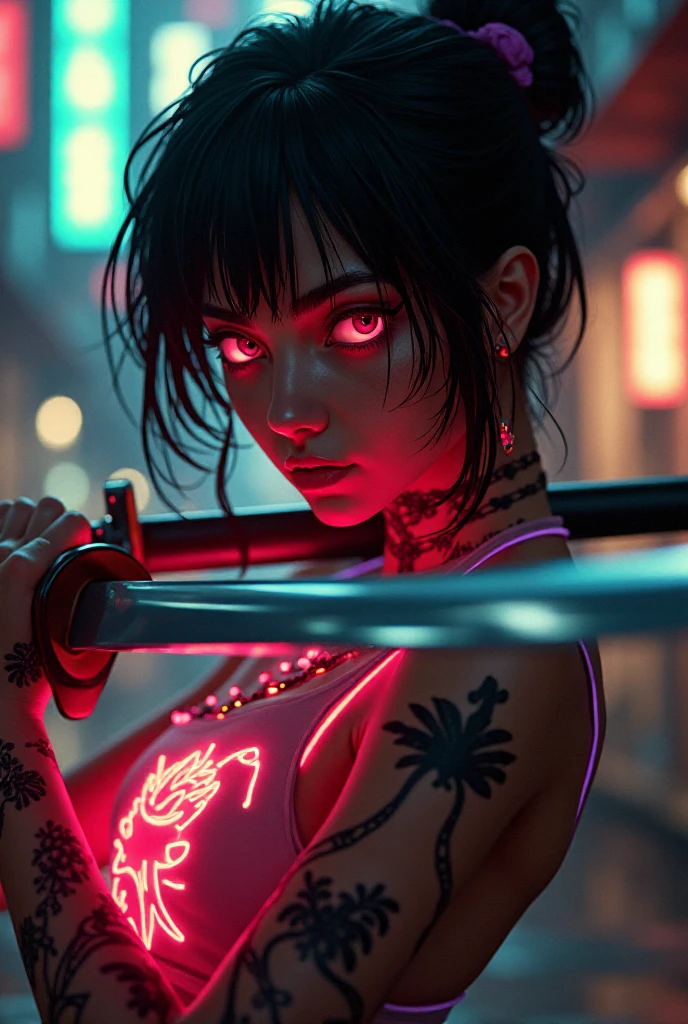 Rebellious cyberpunk female ronin with glowing neon tattoos wielding a katana, vintage, medium close up, photorealistic anime art, katsuhiro otomo, james paick, as directed by denis villeneuve, unreal engine 6 --ar 9:16 --style raw --niji 6