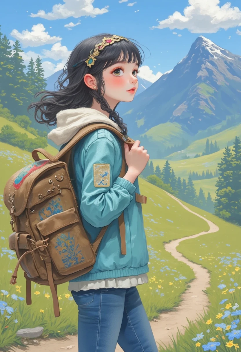 A cute  backpacker girl is on a journey to find happiness.