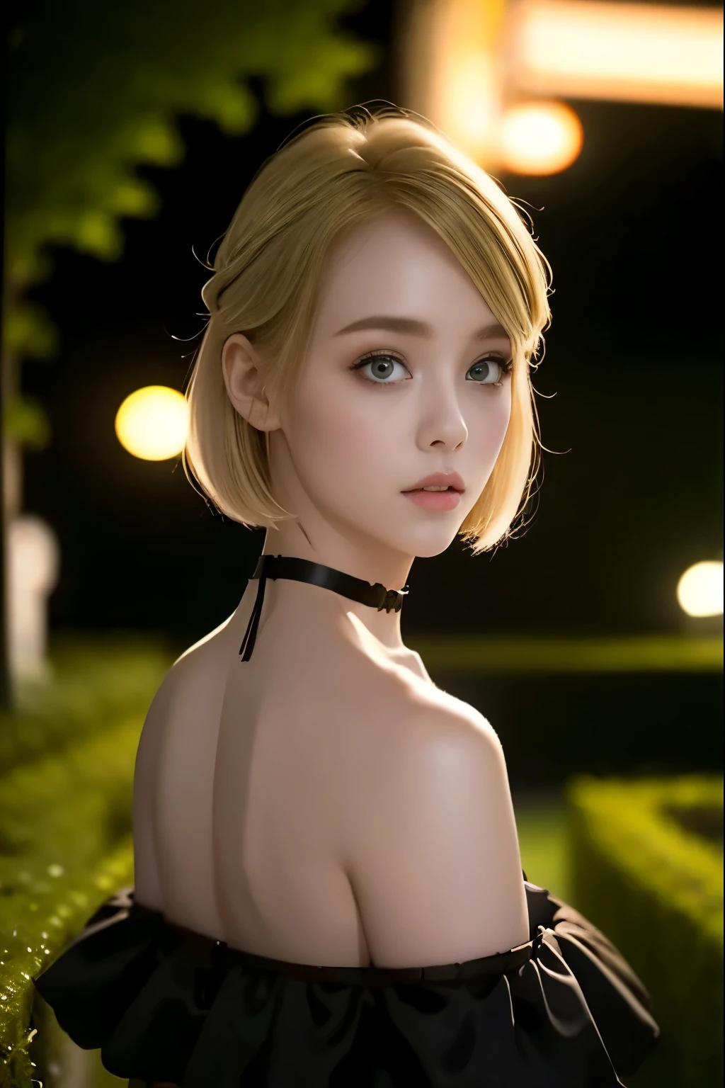  blonde hair、 Very Shorthair、Modest makeup 、 eight-headed body、 ( Black Off-the-Shoulder、  black choker) 、20-year-old woman、 Late Night、Cemetery、 uneasy expression、(Eyes are hollow、 look diagonally to the side)