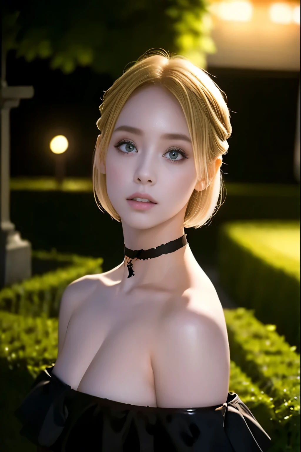  blonde hair、 Very Shorthair、Modest makeup 、 eight-headed body、 ( Black Off-the-Shoulder、  black choker) 、20-year-old woman、 Late Night、Cemetery、 uneasy expression、(Eyes are hollow、 look diagonally to the side)