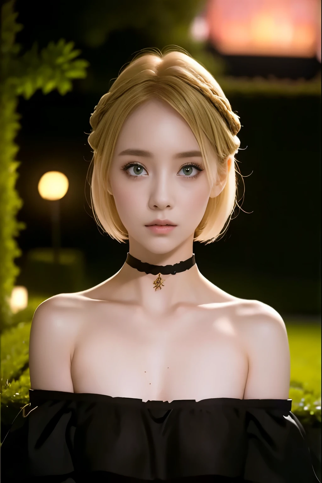  blonde hair、 Very Shorthair、Modest makeup 、 eight-headed body、 ( Black Off-the-Shoulder、  black choker) 、20-year-old woman、 Late Night、Cemetery、 uneasy expression、(Eyes are hollow、 look diagonally to the side)