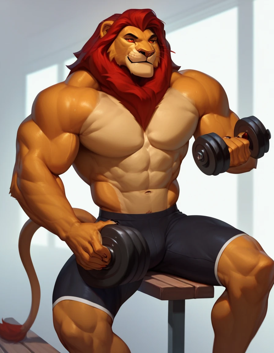Lion, good looking, male, anthro, gym set, ultradetailed, muscular, solo, bareness, rippling muscles, muscles, gym background,
