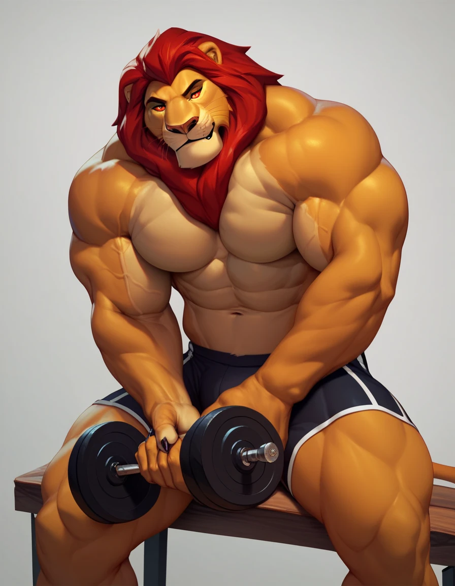 Uma imagem realista de Lion-o dos thundercats, super gigante musculoso, with muscular arms, olhos azuis, uma cauda, super peludo de pelo marrom, com as veias saltando, ombros largos, giant toned physique, veias musculares estourando, usando colete azul rasgada, standing barefoot, in bodybuilder pose with arms raised, em seu castelo