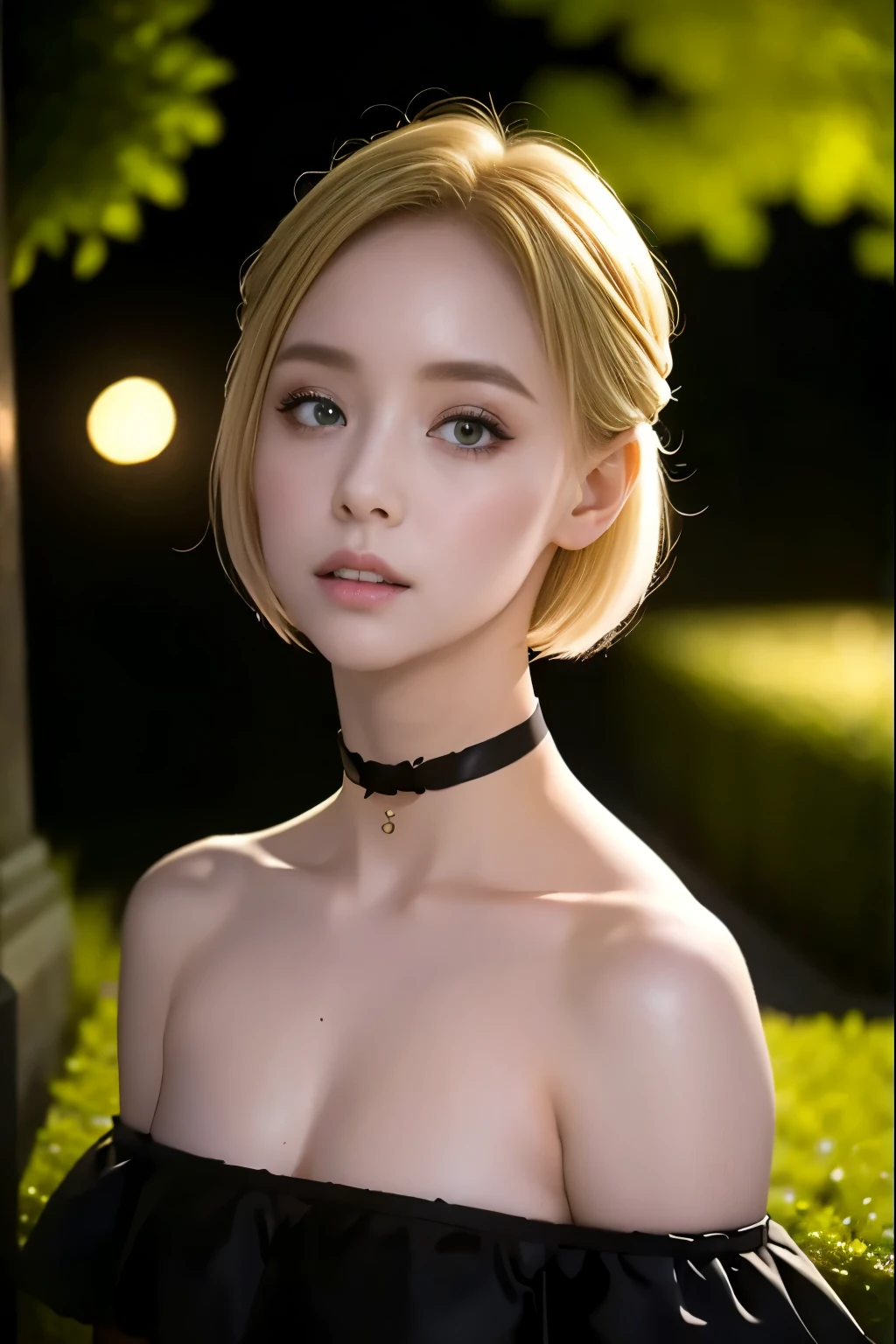  blonde hair、 Very Shorthair、Modest makeup 、 eight-headed body、 ( Black Off-the-Shoulder、  black choker) 、20-year-old woman、 Late Night、Cemetery、 uneasy expression、(Eyes are hollow、 look diagonally to the side)