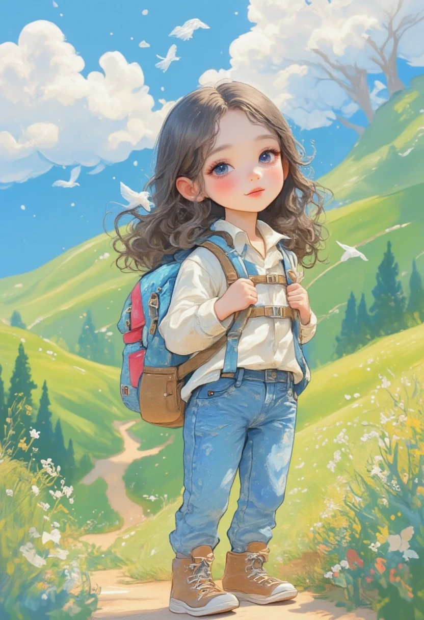 A cute chibi backpacker girl is on a journey to find happiness.