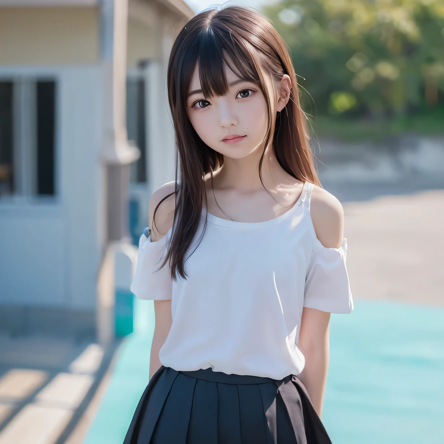 ((Live 2D)) Masterpiece, one girl outside running , 、 full body , Standing straight , , cute japanese high school uniform, viewers, detailed face , girl with green 、(((Straight hair down to the shoulders))), (((Short Hime Cut))), , gradation hair, MULTI-COLOR HAIR , small smile , Turquoise Hair Tips, wavy hair, gradient eyes , orange eyes , ( simple background, white background : 1.3)、((( upper body photo))),((( small smile )))、((( face swells))),(((Round face)))