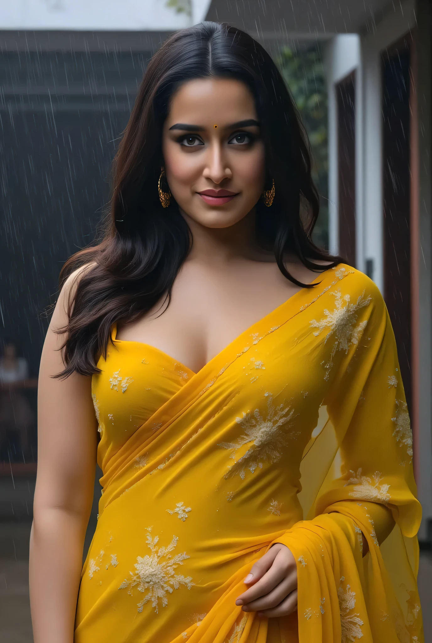 Make a photo of a women in high transparent yellow colour saree in rain. Realistic photo , wet and sexy with big breasts and hips.