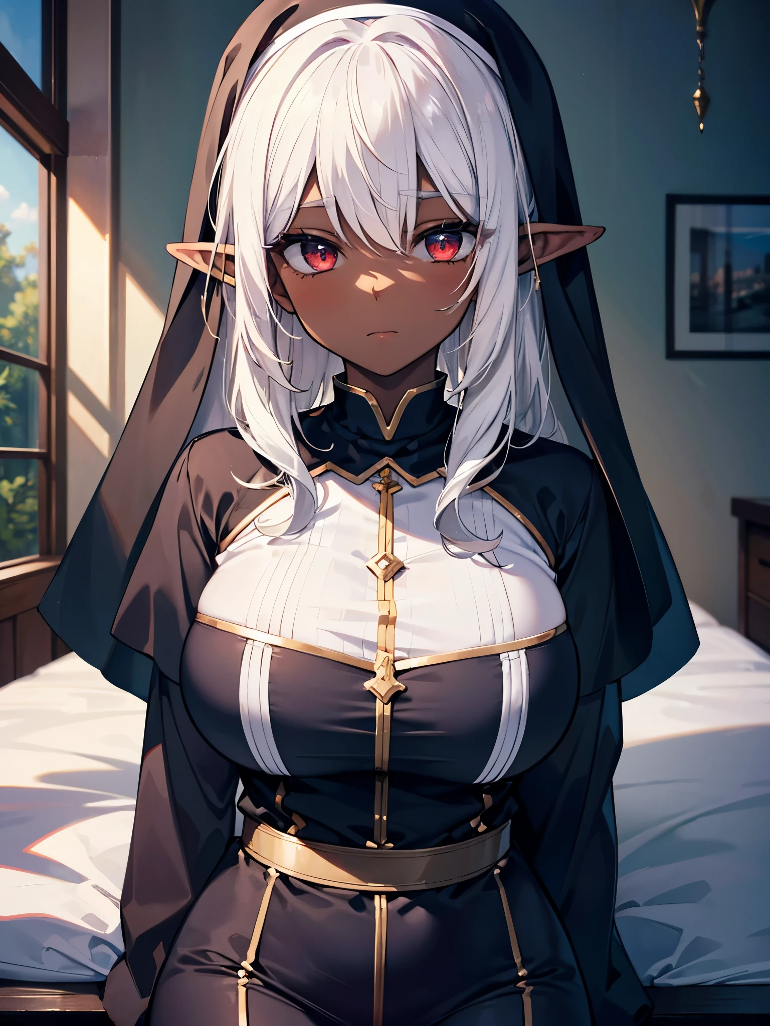 (surreal), (illustration), (high resolution), (8k), (Very detailed), (best illustration), (beautiful and delicate eyes), (best quality), (super detailed), (masterpiece),, (Detailed face), alone, 1 girl, long white hair, Elf，((dark black skin))，red eyes，卓尔Elf，Different worlds，nun，saint，Sacrificial clothing，dark，bust，hero，(super gigantic )，underwear