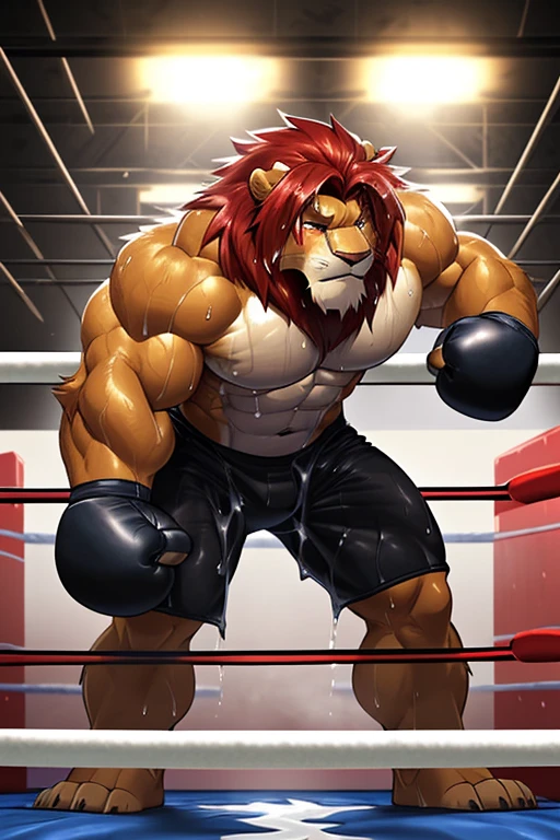 ((solo)), (anthro:1.2) lion (lora; simba), adult, (athletic:1.4), (dense muscles), (super strong:1.4), (correct anatomy:1.2), (broad shoulders:1.2), (heavy build, massive body:1.6), (realistic fur, detailed fur texture:1.3), detailed background (corner of the boxing ring:1.6), photorealistic, (black compression shorts), (bare torso:1.4), (barefoot:1.2), (detailed clothing), hyperrealistic, ultradetailed, (by wfa:1.2), (by takemoto_arashi, by vorusuarts, by Traver009:1, by grimfaust:1), natural lighting, (wet. sweat:1.4), exhausted, feline head (open eyes, red mane), (steaming breath:1.2), ((serious:1.4) expression), (leaning over post:1.6), (view from below:1.4)