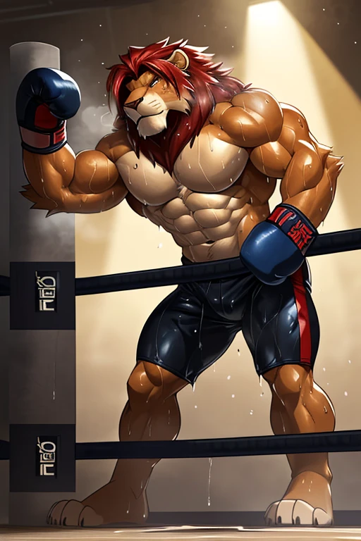 ((solo)), (anthro:1.2) lion (lora; simba), adult, (athletic:1.4), (dense muscles), (super strong:1.4), (correct anatomy:1.2), (broad shoulders:1.2), (heavy build, massive body:1.6), (realistic fur, detailed fur texture:1.3), detailed background (corner of the boxing ring:1.6), photorealistic, (black compression shorts), (bare torso:1.4), (barefoot:1.2), (detailed clothing), hyperrealistic, ultradetailed, (by wfa:1.2), (by takemoto_arashi, by vorusuarts, by Traver009:1, by grimfaust:1), natural lighting, (wet. sweat:1.4), exhausted, feline head (open eyes, red mane), (steaming breath:1.2), ((serious:1.4) expression), (leaning over post:1.6), (view from below:1.4)