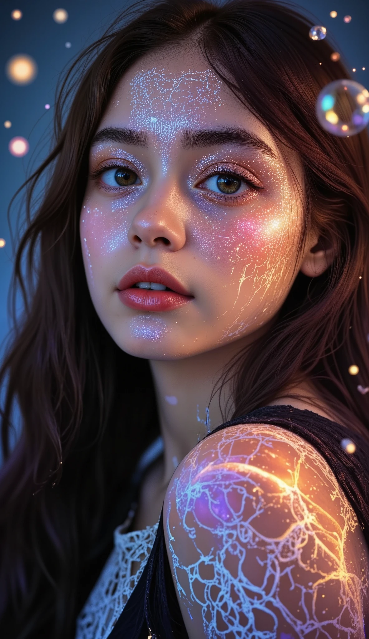 A mystical girl with an ethereal aura stands before a hauntingly beautiful otherworldly backdrop, with subtle hints of the zodiac constellations woven into the fabric of reality. Capture a captivating half-close-up shot of her enigmatic face, with an emphasis on the soft, luminescent glow of her skin and the intricate details of her mystical attire, set against a dreamlike atmosphere that seems to defy the laws of the physical world.
