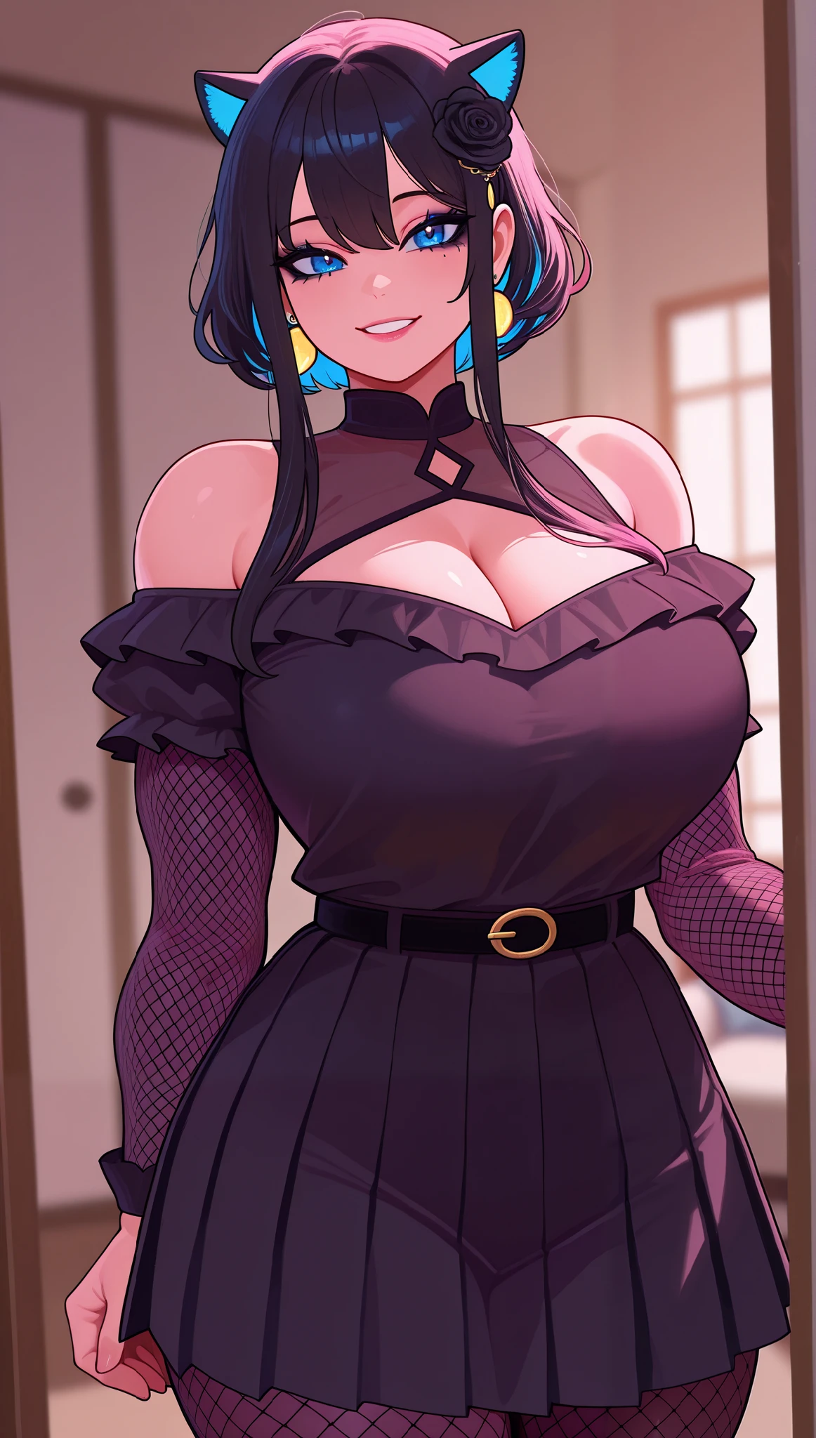 (masterpiece), (portrait), big breasts (aesthetics), ((1 female 21 years old)), Highlight earrings), ((short hair, long locks on each side, black rose in the hair)), ((Hot dark black hair)), straight hair, thin eyes open, blue eyes, cute, female, woman, , beautiful, female features, top, high quality, aesthetic clothing, professional angle, (rule of thirds), (feminine), (feminine), (beautiful) , (female ) features), solo, (Korean attractive), summer, (ink haze), (afternoon), (vibrant light), seductive posture, ((face looking forward))), Gothic blouse with generous neckline, puffy shoulder blouse, black fishnet sleeves, black pleated skirt, white details, long feminine belt, disheveled outfit, fishnet tights, ((Energy)), (Bold Makeup), (Big Breasts), Fair Skin, (Clothes with Hip Hop Details, horny and slutty voluptuous woman), (a hot muscular woman, muscular woman, hot fit, voluptuous mature body, super curvy body), (Sleep Neckline), Beautiful Hands, Body beautiful, beautiful ears, beautiful eyes, bright eyes, beautiful mouth, beautiful lips, cute smile needy expression, living room, hot and thick thighs