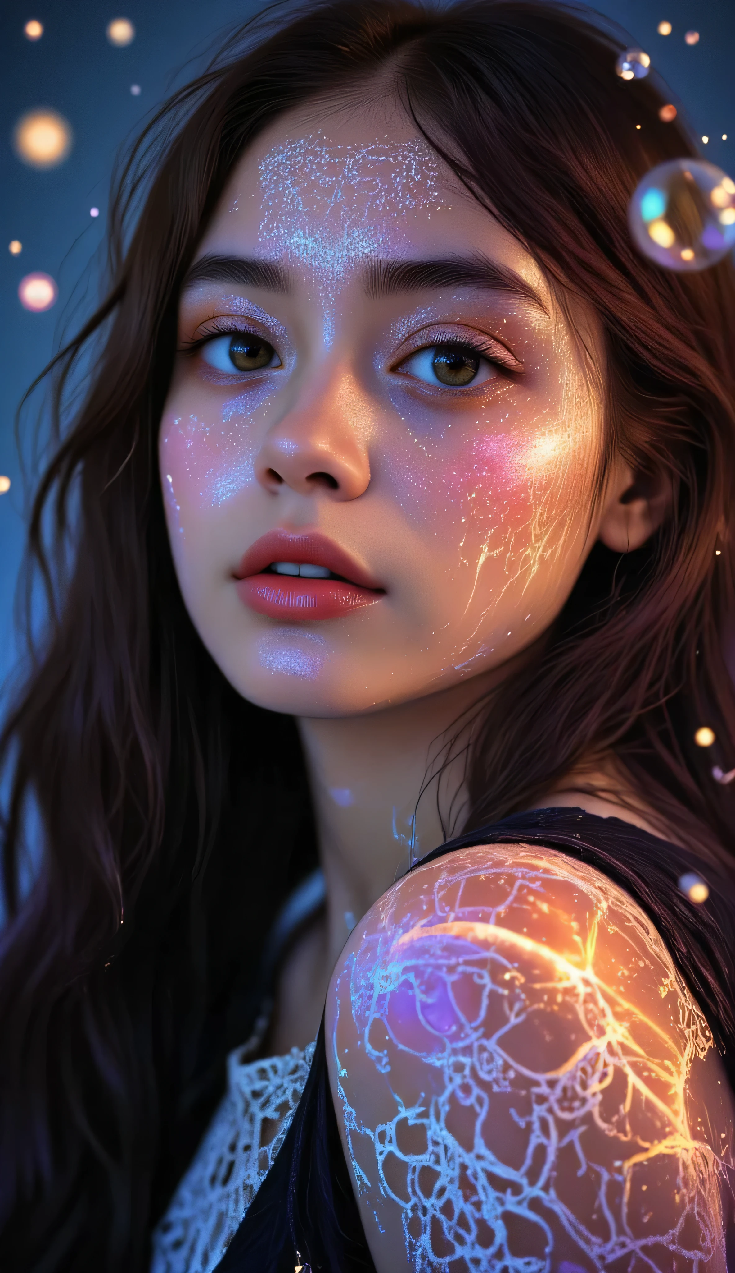 A mystical girl with an ethereal aura stands before a hauntingly beautiful otherworldly backdrop, with subtle hints of the zodiac constellations woven into the fabric of reality. Capture a captivating half-close-up shot of her enigmatic face, with an emphasis on the soft, luminescent glow of her skin and the intricate details of her mystical attire, set against a dreamlike atmosphere that seems to defy the laws of the physical world.