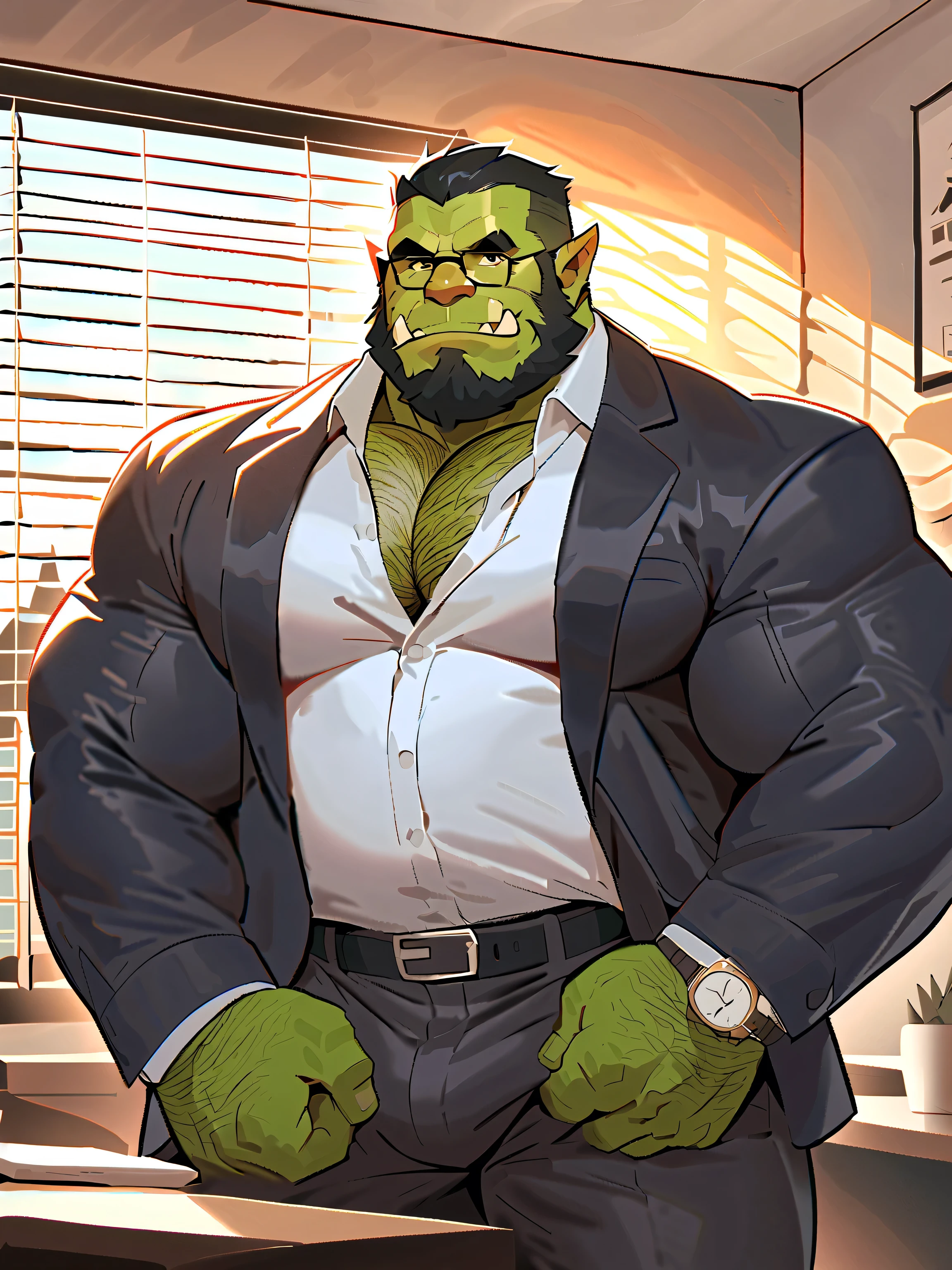 Green skinned bara orc, very large pecs, strong physique, very muscular with a belly, belly, alpha male, perfect anatomy, strong square jaw, masterpiece, black bushy beard, black eyes, thick black frame square glasses, lustful eyes looking at viewer, strong jaw, giant biceps, long sleeve white dress shirt, oversized loose fitting button shirt, military orc daddy, small belly, no six pack muscles, solo, in oversized office slacks, wide leather belt, red tie, oversized suit jacket, oversized fitting black suit, oversized suit jacket, watch on wrist, big muscle ass, great indoor lighting, hairy, king Orc, very manly, boss at work theme, office background, sun shining in from the office window blinds, playful expression, professional